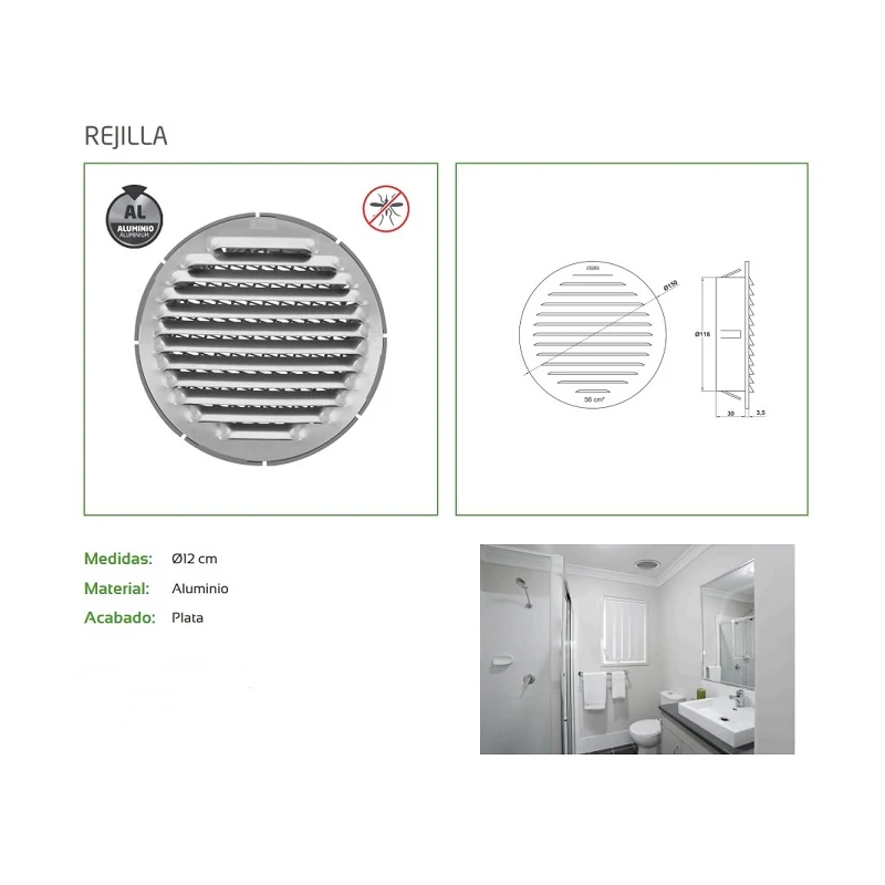 Rejilla Ventilacion Aluminio Ø12 Cm Plata